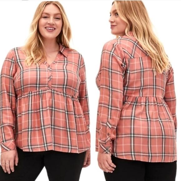 Torrid Dusty Coral Plaid Washed Twill Peplum Shirt size 2X - Picture 1 of 12